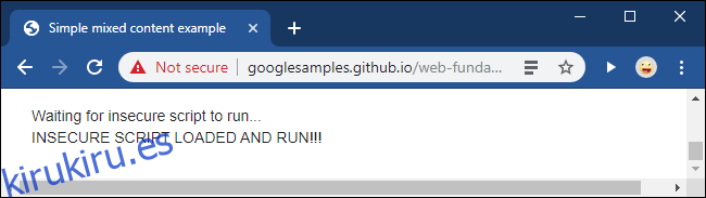 Un mensaje No seguro después de desbloquear un script de contenido mixto en Google Chrome.