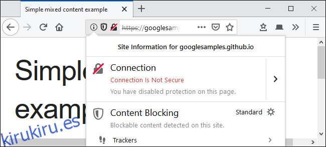 La advertencia de Conexión no es segura después de desbloquear contenido mixto en Firefox.