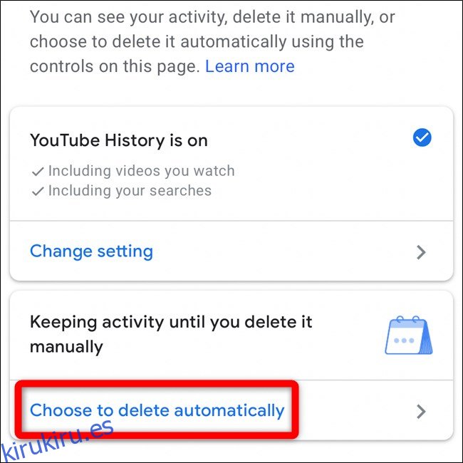 Seleccione Elegir eliminar automáticamente en la aplicación móvil de YouTube