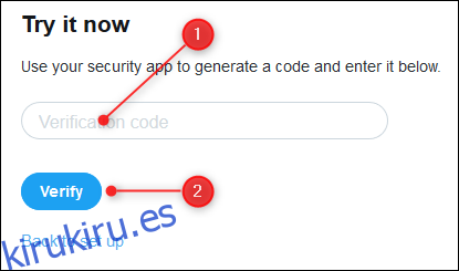 Un cuadro de texto para ingresar el código de verificación y el botón Verificar.