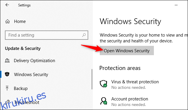 Abriendo la aplicación de seguridad de Windows desde la configuración de Windows 10.