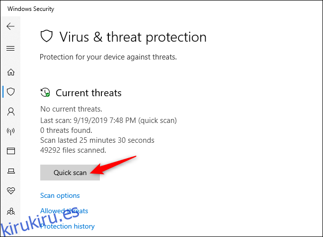 Escaneo manual en busca de virus y otro malware en Seguridad de Windows.