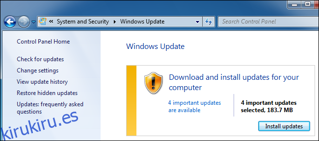 Windows Update en el Panel de control en Windows 7.