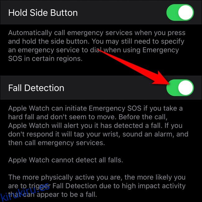 Aplicación Apple iPhone Watch Alternar detección de caídas