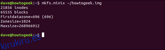 mkfs.minix ~ / howtogeek.image en una ventana de terminal