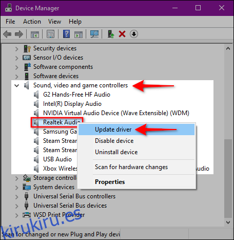 Controlador de audio de actualización de Windows 10
