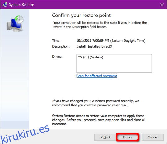 Windows 10 Confirmar punto de restauración