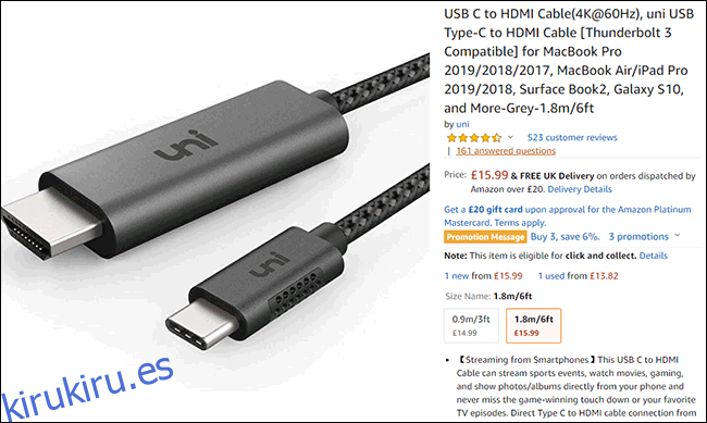 Una lista de cables USB-C a HDMI en Amazon.