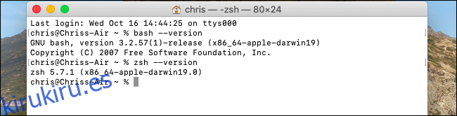 Ver las versiones de Bash y Zsh en macOS Catalina.