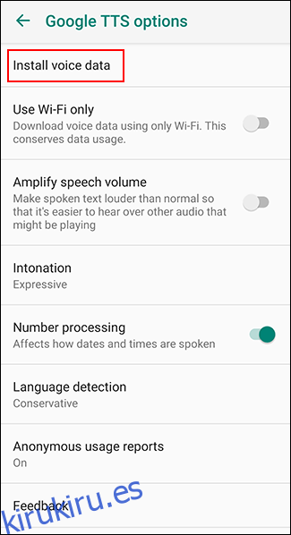 Toque Instalar datos de voz en el menú de opciones de Google TTS