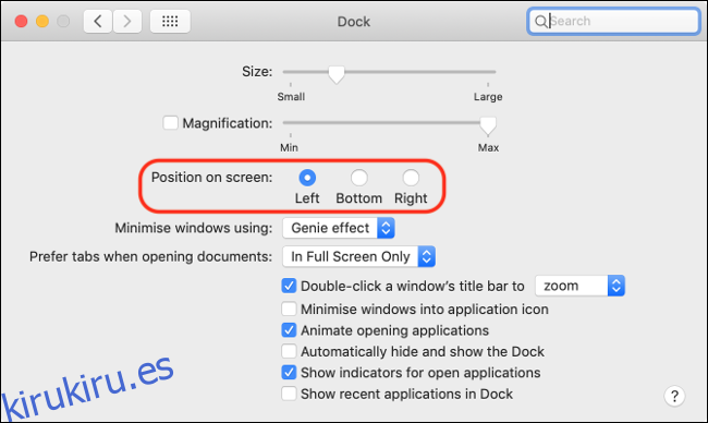 Alineación y preferencias de macOS Dock