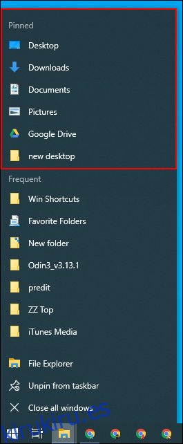Una lista de salto de la barra de tareas en el Explorador de archivos de Windows.