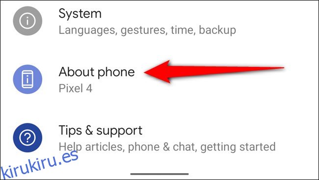 Google Pixel 4 Seleccione Acerca del teléfono