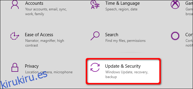 Windows 10 Seleccione Actualización y seguridad