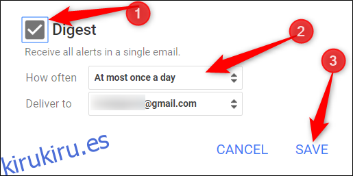 ¿Quiere que todas sus alertas estén agrupadas en un solo correo electrónico?  Haga clic en la casilla de verificación junto a 