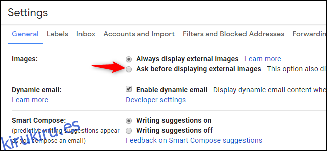 Opción para deshabilitar imágenes externas y, por lo tanto, seguimiento de correo electrónico en Gmail