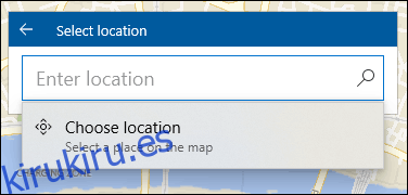 La barra Seleccionar ubicación favorita en Windows 10 Maps