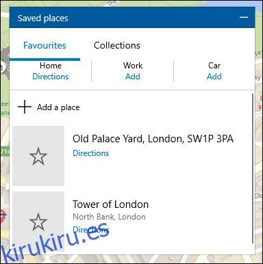 Una lista de ubicaciones guardadas en Windows 10 Maps