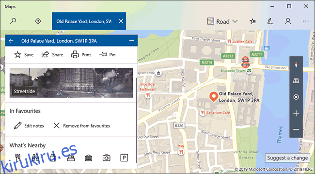 Un ejemplo de una lista de ubicaciones favoritas en Windows 10 Maps