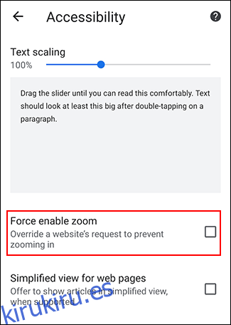 Toque Forzar habilitar zoom en el menú Accesibilidad de Chrome
