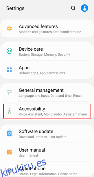 Toque Accesibilidad en el menú de configuración de Android