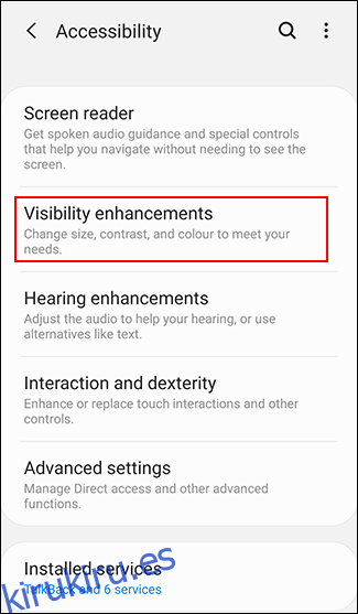Toca Mejoras de visibilidad en el menú de accesibilidad de Android.