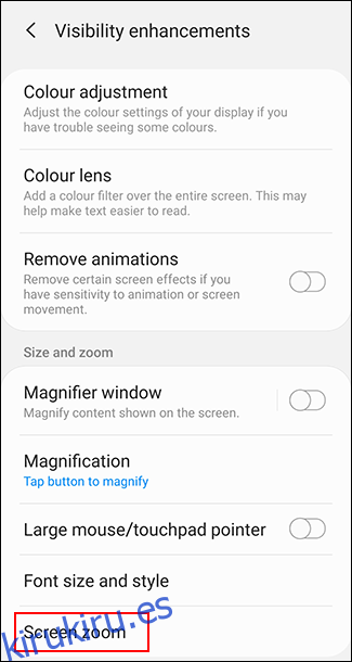 Toque Zoom de pantalla en el menú Mejoras de visibilidad de Android