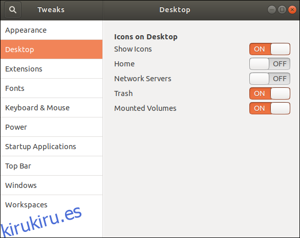 La configuración del escritorio en la ventana de la aplicación en Ubuntu 18.04