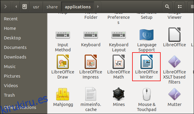 Ventana de archivos que muestra el icono de LibreOffice Writer