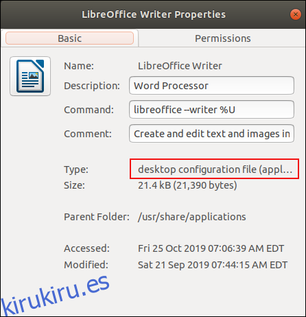 Diálogo de propiedades del archivo .desktop de LibreOffice Writer.