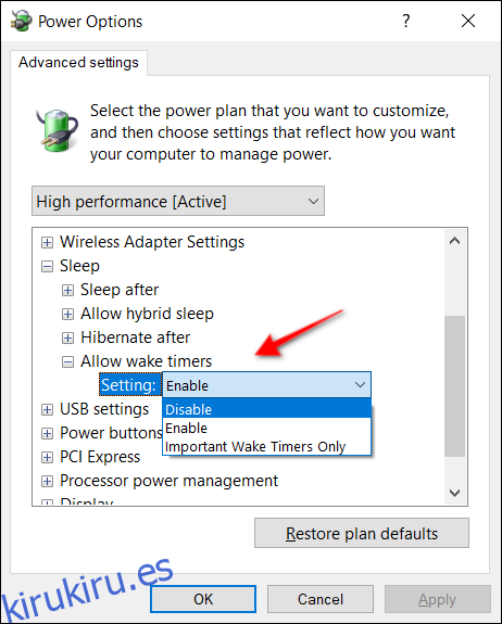 Opciones de energía Wake Timer Desktop