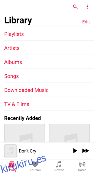 Abra la aplicación Apple Music en Android y toque la aplicación Biblioteca