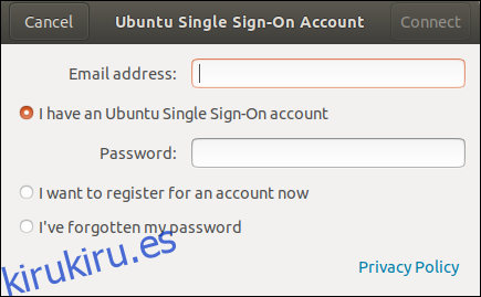 Ventana de diálogo de inicio de sesión único de Ubuntu