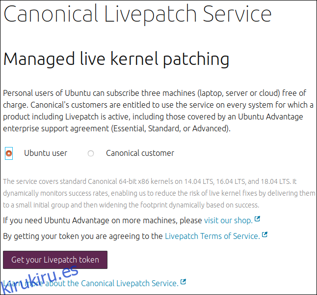Página web del servicio Canonical Livepatch