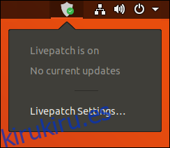 Ícono y menú del área de notificación de Livepatch
