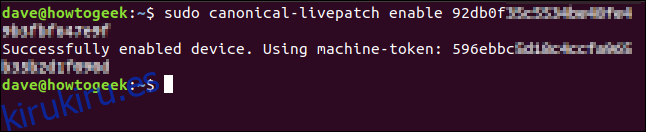 Mensaje de verificación habilitado con Livepatch en una ventana de terminal