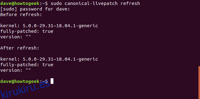 actualización de sudo canonical-livepatch en una ventana de terminal
