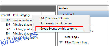 En la lista de registros del Visor de eventos, haga clic con el botón derecho en Categoría de tarea, luego haga clic en Agrupar eventos por esta categoría
