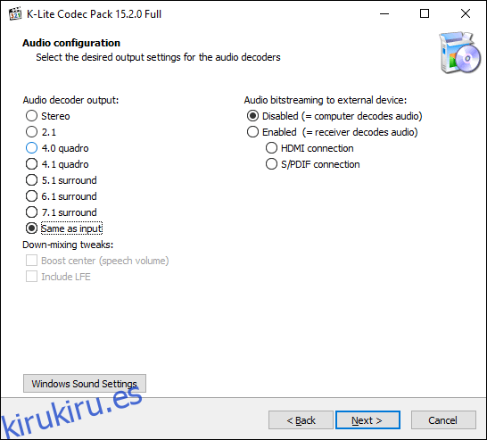 Confirme sus opciones de configuración de audio durante el instalador de K-Lite, luego haga clic en Siguiente