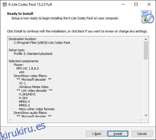 Haga clic en Instalar para comenzar la instalación de K-Lite Codec Pack