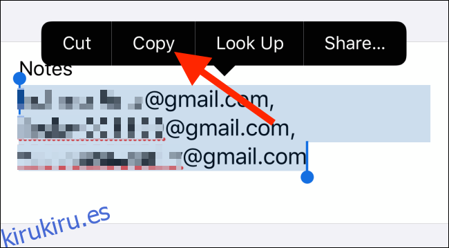 Toque Copiar para copiar todas las direcciones de correo electrónico