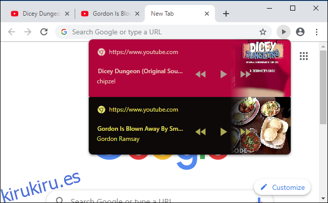 Varios sitios web que muestran controles de reproducción en la barra de herramientas del navegador de Chrome.