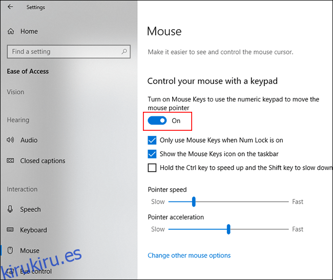 En la sección Mouse del menú de accesibilidad de Windows, haga clic en el control deslizante para habilitar MouseKeys