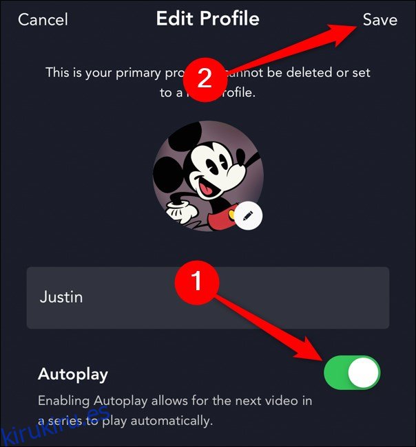 Aplicación Disney + Alternar reproducción automática y luego seleccione el botón Guardar