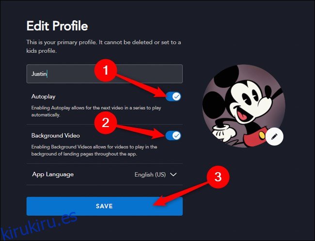 Disney + en la Web Alternar reproducción automática y video de fondo y luego haga clic en Guardar