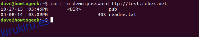 Lista de archivos en un servidor FTP remoto en una ventana de terminal