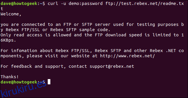 El contenido de un archivo recuperado de un servidor FTP que se muestra en una ventana de terminal