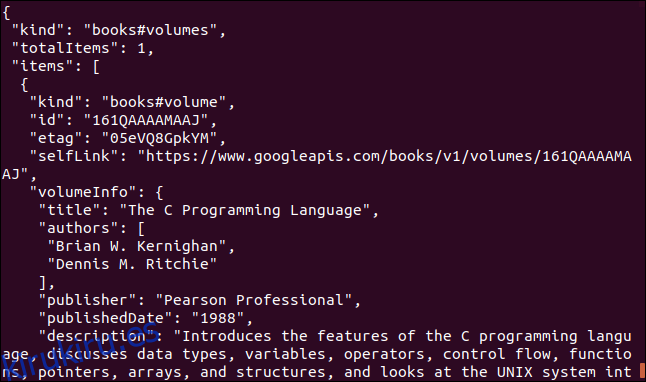 Los datos de la API de libros de Google se muestran en una ventana de terminal