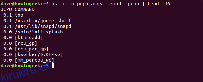 salida de ps -e -o pcpu, args --sort -pcpu |  cabeza 10 en una ventana de terminal