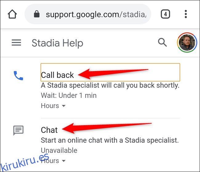 Aplicación Google Stadia Seleccione Devolución de llamada o Chat